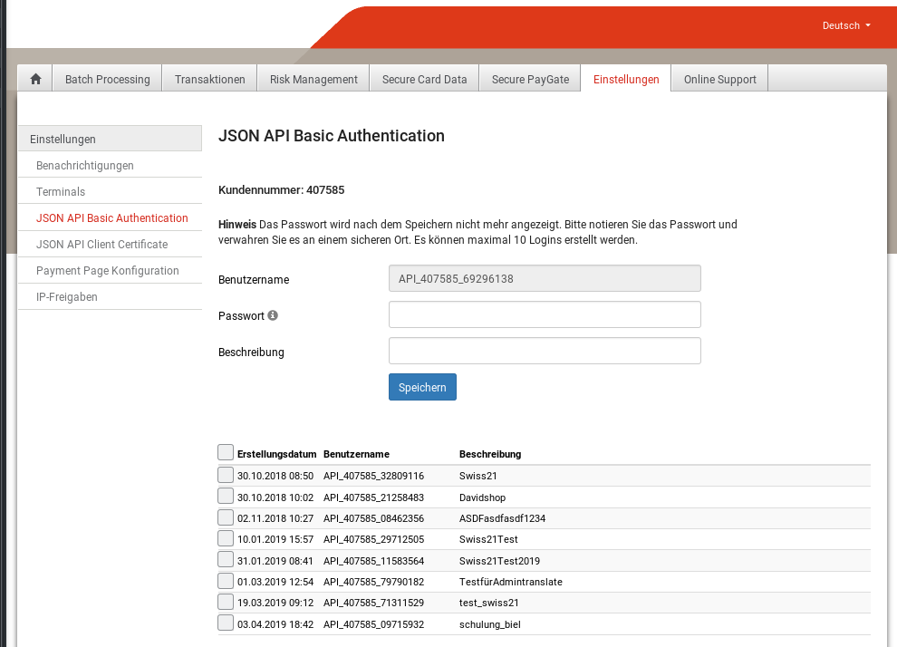 Abbildung 3: Saferpay Backend: JSON API Basic Authentification