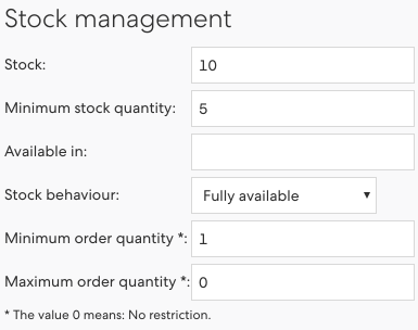 Figure 4: Stock settings of an article