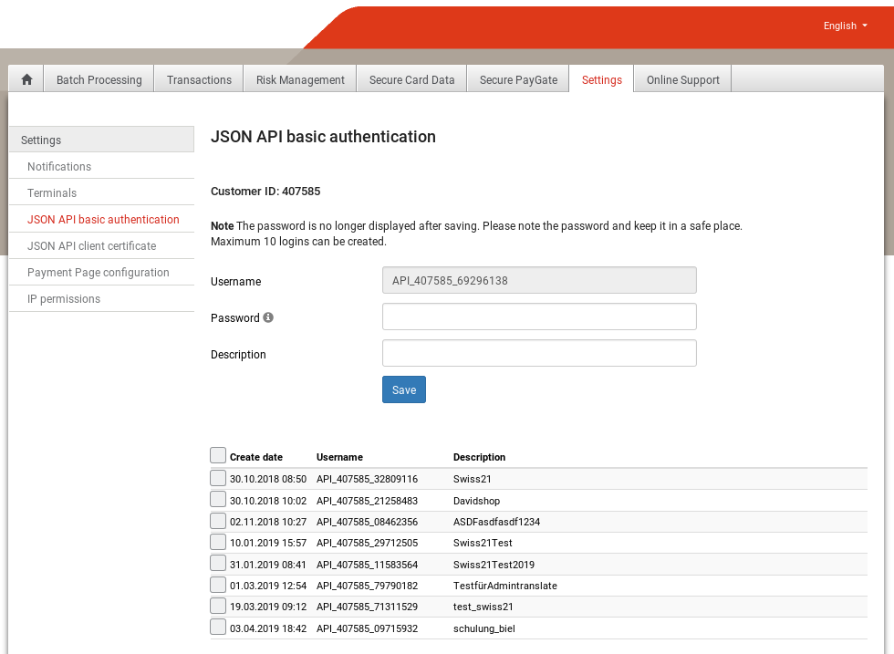 Figure 3: Saferpay Backend: JSON API Basic Authentification