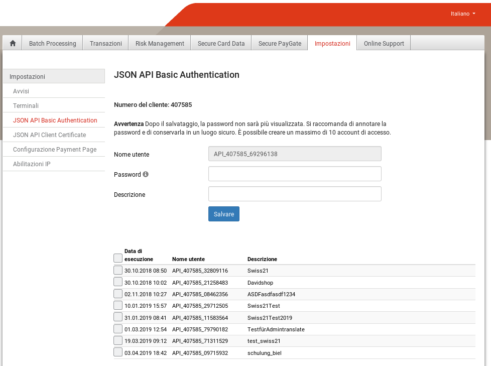 Figura 3: Backoffice Saferpay: JSON API Basic Authentification